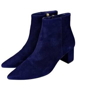 L’AGENCE Jeanne Blue Suede Pointy Toes Block Heel Booties $445 Size 38.5
